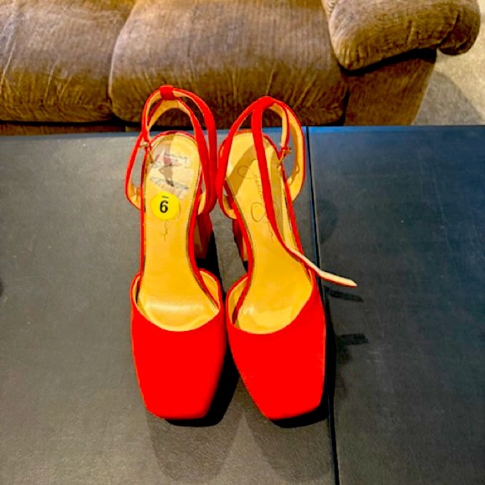 Jessica Simpson Red Chunky Heel Square Toe Heels